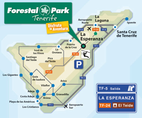 Mappa per arrivare al parco avventura Forestal Park di Tenerife